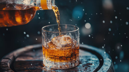 A closeup view of a tilted whiskey bottle pouring amber liquid into a glass filled with ice, capturing the refreshing essence of a perfect drink.の素材