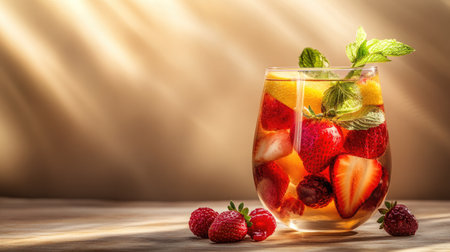 A vibrant strawberry cocktail showcases fresh fruit and mint in a stylish glass, perfect for summer gatherings and refreshing moments.の素材