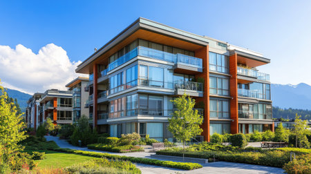 A vibrant modern apartment building set against a stunning backdrop of nature, featuring large glass windows and lush surroundings, ideal for urban lifestyles.の素材