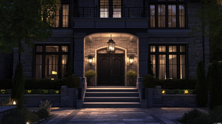 Discover an elegant newly built upscale home featuring a stunning exterior in a realistic 3D design. Experience luxury living with stylish details.の素材