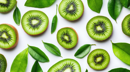 Delight in the vibrant beauty of fresh sliced kiwi fruit arranged artfully with green leaves. Ideal for culinary themes, healthy eating, and vibrant designs.の素材