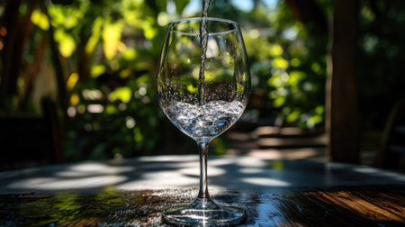 A beautiful image of clear mineral water being poured into a glass, capturing the essence of refreshment and nature. Perfect for representing hydration, freshness, and tranquility.の素材