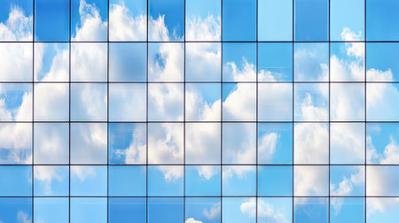 An elegant view of an office building's windows reflecting a vibrant sky filled with soft clouds, showcasing modern architectural design and urban beauty.の素材