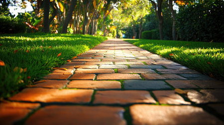 Discover a charming brick sidewalk lined with lush greenery, perfect for serene strolls. The vibrant scene captures the essence of outdoor beauty and tranquility.の素材