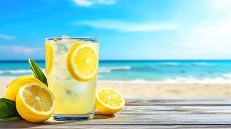 Enjoy a vibrant glass of refreshing lemonade filled with ice and lemon slices, perfect for a sunny day at the beach. Escape to a tropical paradise!の素材