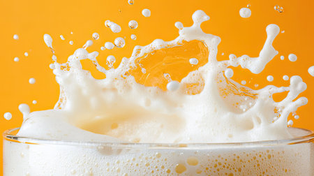 A vibrant image capturing a dynamic splash of beer overflowing from a glass against a bright orange background, showcasing refreshing liquid motion and bubbles.の素材