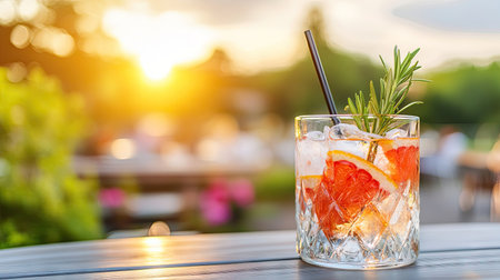 A refreshing summer cocktail served in a crystal glass, featuring vibrant citrus slices and rosemary. Perfect for outdoor gatherings during sunset.の素材