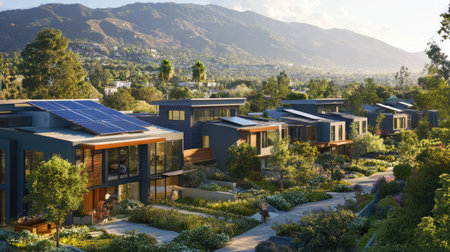 A picturesque view of a contemporary suburban neighborhood showcasing eco-friendly houses equipped with solar panels, surrounded by lush greenery and scenic mountains.の素材