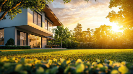 A stylish modern home sits gracefully in a serene landscape, bathed in warm sunlight during sunrise. Lush greenery surrounds the inviting exterior, creating a vibrant aesthetic.の素材