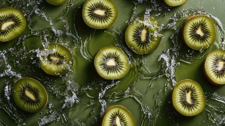 Beautiful composition showcasing kiwi slices surrounded by splashes of water. This fresh and vibrant image captures the essence of healthy eating and culinary creativity. Perfect for food-related projects.の素材