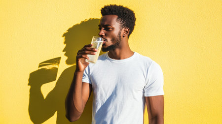 A young man in a white shirt stands against a bright yellow wall, sipping a refreshing drink. Capturing a moment of relaxation and leisure in the sun.の素材