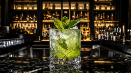 A refreshing green cocktail served in a stylish glass, garnished with fresh mint leaves. Perfect for summer gatherings and elegant bars, this drink showcases vibrant colors and a relaxing atmosphere. Ideal for cocktail enthusiasts.の素材