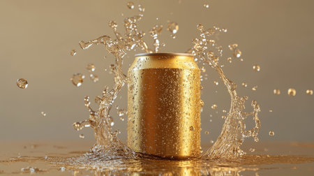 A stunning image of a golden can splashing into water, creating an energetic scene with droplets flying everywhere. Perfect for beverage promotions or dynamic advertising.の素材