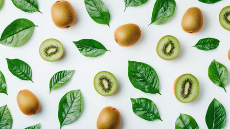 A vibrant arrangement of fresh kiwi fruit alongside lush green leaves, perfect for showcasing healthy eating, tropical vibes, and nature-inspired designs.の素材