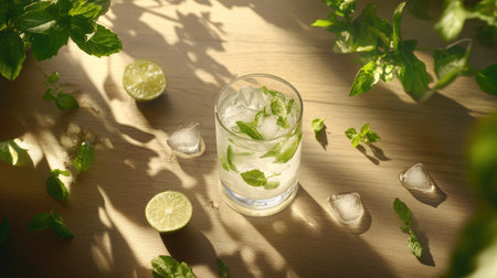 A stylish mojito glass filled with fresh mint, lime, and ice, beautifully arranged on a wooden table. Perfect for summer refreshment and relaxation.の素材