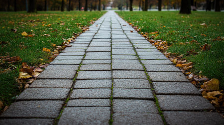 Discover a serene pathway made of square tiles winding through a lush park, bordered by vibrant grass and autumn leaves, perfect for peaceful strolls.の素材