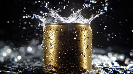 A stunning close-up of a gold aluminum can splashing into water. The scene captures dynamic droplets and reflective textures, creating a refreshing vibe. Perfect for beverage and summer-themed projects.の素材