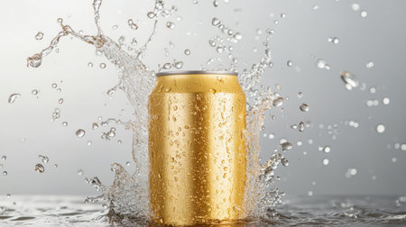 A dynamic image capturing a gold aluminum can splashing water. The can is surrounded by droplets, creating an energetic feel that emphasizes refreshment.の素材