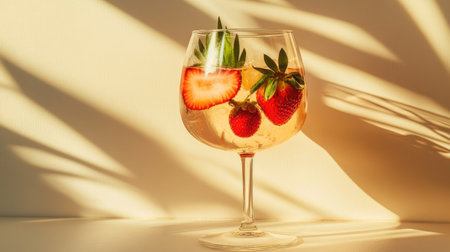 A beautifully styled refreshing strawberry mocktail in an elegant glass, perfect for summer gatherings. This stunning drink combines fresh strawberries and a vibrant aesthetic, ideal for any celebration or relaxation moment.の素材