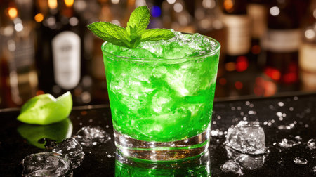 A vibrant green cocktail served over ice, garnished with fresh mint and a slice of lime. Perfect for summer parties and celebrations, this refreshing drink showcases mixology at its best.の素材