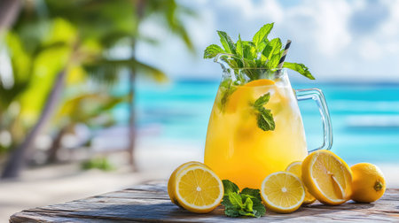Enjoy a refreshing mint lemonade mocktail displayed in a glass pitcher, perfect for summer days on the beach. Bright colors and fresh ingredients create a delightful scene.の素材