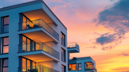 This modern apartment building showcases a stunning 3D rendering at sunset, with vibrant colors reflecting off its sleek architecture and balconies.の素材