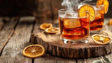 Experience the charm of a vintage rum cocktail served over ice, adorned with an orange slice. This smoky drink evokes warmth and sophistication, perfect for gatherings.の素材