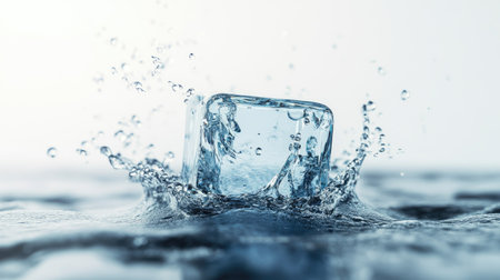 Experience the beauty of an elegant ice cube creating dynamic splashes in fresh water, capturing the essence of refreshment and natural aesthetics.の素材