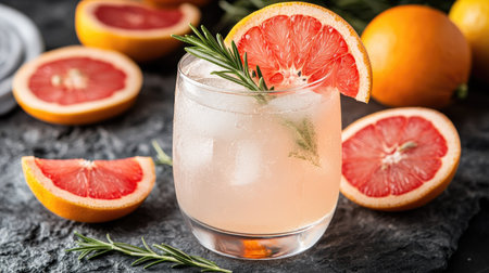 A close-up shot of a refreshing gin and tonic cocktail garnished with grapefruit and rosemary, perfect for summer gatherings and cocktail parties.の素材