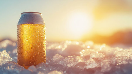 A vibrant can of beer rests on a bed of ice, catching the sunlight during a warm sunset. This image captures the essence of summer relaxation and refreshment.の素材
