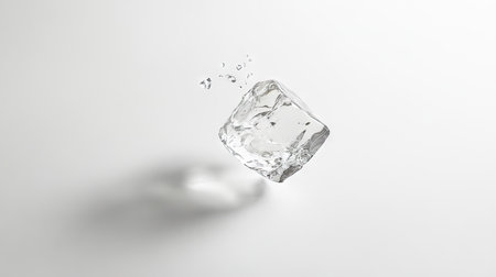 A clear ice cube isolated in mid-tumble, capturing the beauty of water dynamics and its frozen form against a minimalist backdrop.の素材
