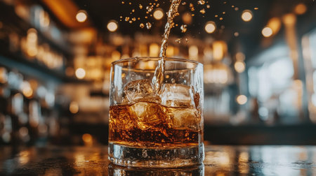 An elegant whiskey glass filled with ice, capturing the essence of a cozy bar atmosphere. The motion of whiskey pouring adds a dynamic touch to the scene.の素材