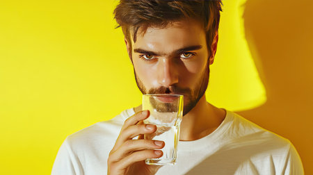 A close-up portrait of a young man in a white shirt, holding a glass of water against a bright yellow background, capturing a refreshing and vibrant lifestyle moment.の素材
