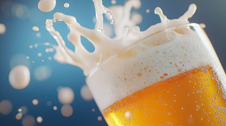 A stunning image of a splashing beer from a glass, showcasing frothy bubbles and vibrant colors. Perfect for capturing the essence of refreshment and celebration.の素材