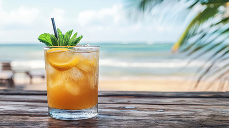 A vibrant citrus cocktail featuring ice and mint, perfectly set against a stunning tropical beach background, ideal for summer refreshment and relaxation.の素材