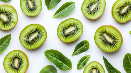 This image showcases fresh kiwi slices complemented by vibrant green leaves, creating a clean and appealing arrangement perfect for food-related projects.の素材