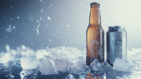 A frosty beer bottle and can sit on a bed of ice, creating a refreshing scene perfect for summer gatherings. Ideal for beverage-related themes.の素材