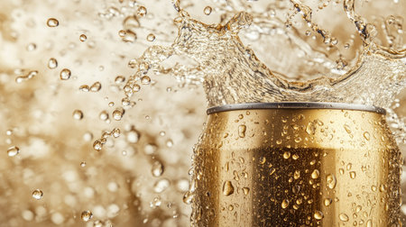A striking image of a golden aluminum can splashing in water, capturing the dynamic motion of droplets and bubbles for a refreshing summer feel.の素材