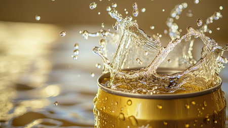 A dynamic close-up of water splashing around a shiny golden can. The vibrant droplets create an exciting interplay of light and motion, evoking freshness.の素材