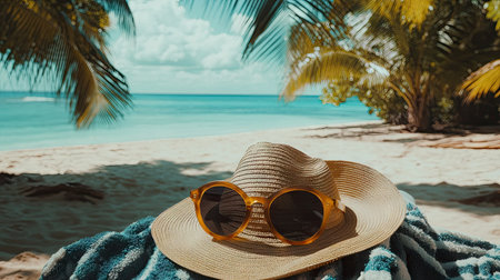 A serene beach scene featuring a woven hat and sunglasses, perfect for summer relaxation. Ideal for capturing the essence of a tropical getaway.の素材