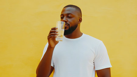 A man in a casual white shirt enjoys a refreshing drink against a bright yellow background, capturing a moment of summer joy and relaxation.の素材