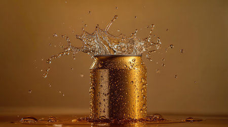 A stunning image capturing water droplets splashing off a shiny gold can, showcasing movement and elegance. Ideal for demonstrating freshness and quality.の素材