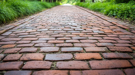 A captivating view of a long, winding brick road surrounded by lush greenery, inviting exploration and evoking feelings of tranquility and nostalgia.の素材
