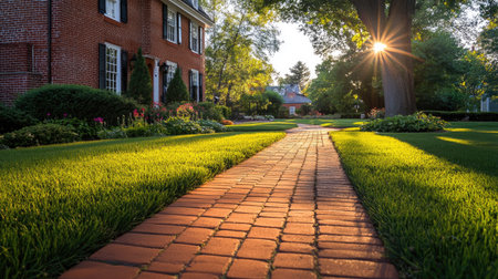 A picturesque view of a brick sidewalk stretching through a vibrant garden, showcasing lush greenery and blooming flowers under warm sunlight. Perfect for serene outdoor scenes.の素材