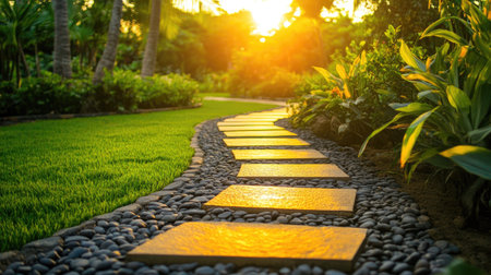 A serene pathway of yellow stones glows in the sunlight, surrounded by lush greenery. This image captures the beauty of a tranquil outdoor space perfect for relaxation.の素材