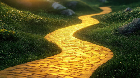 Discover a tranquil scene of a winding brick path illuminated by soft sunlight, surrounded by lush greenery and stones, inviting a serene journey ahead.の素材