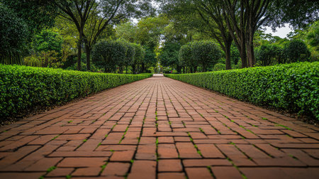 A serene winding brick road leads through lush greenery, creating a tranquil atmosphere perfect for relaxation and leisurely strolls in a beautiful garden setting.の素材