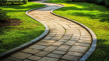 A serene winding path invites visitors into a peaceful green park, surrounded by lush grass and trees, perfect for relaxation and leisurely strolls.の素材