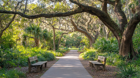 Discover a peaceful pathway in a beautiful park, lined with trees and benches, perfect for leisurely strolls amid nature's vibrant greenery and sunlight.の素材