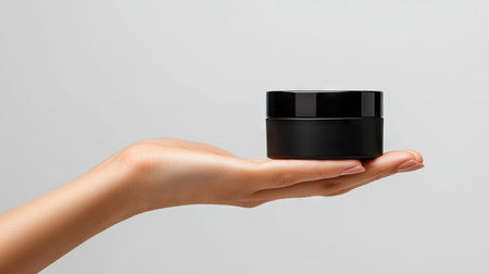 A graceful woman's hand holds a sleek black cosmetic container, emphasizing beauty and minimalism. Ideal for skincare, cosmetic promotions or lifestyle imagery.の素材